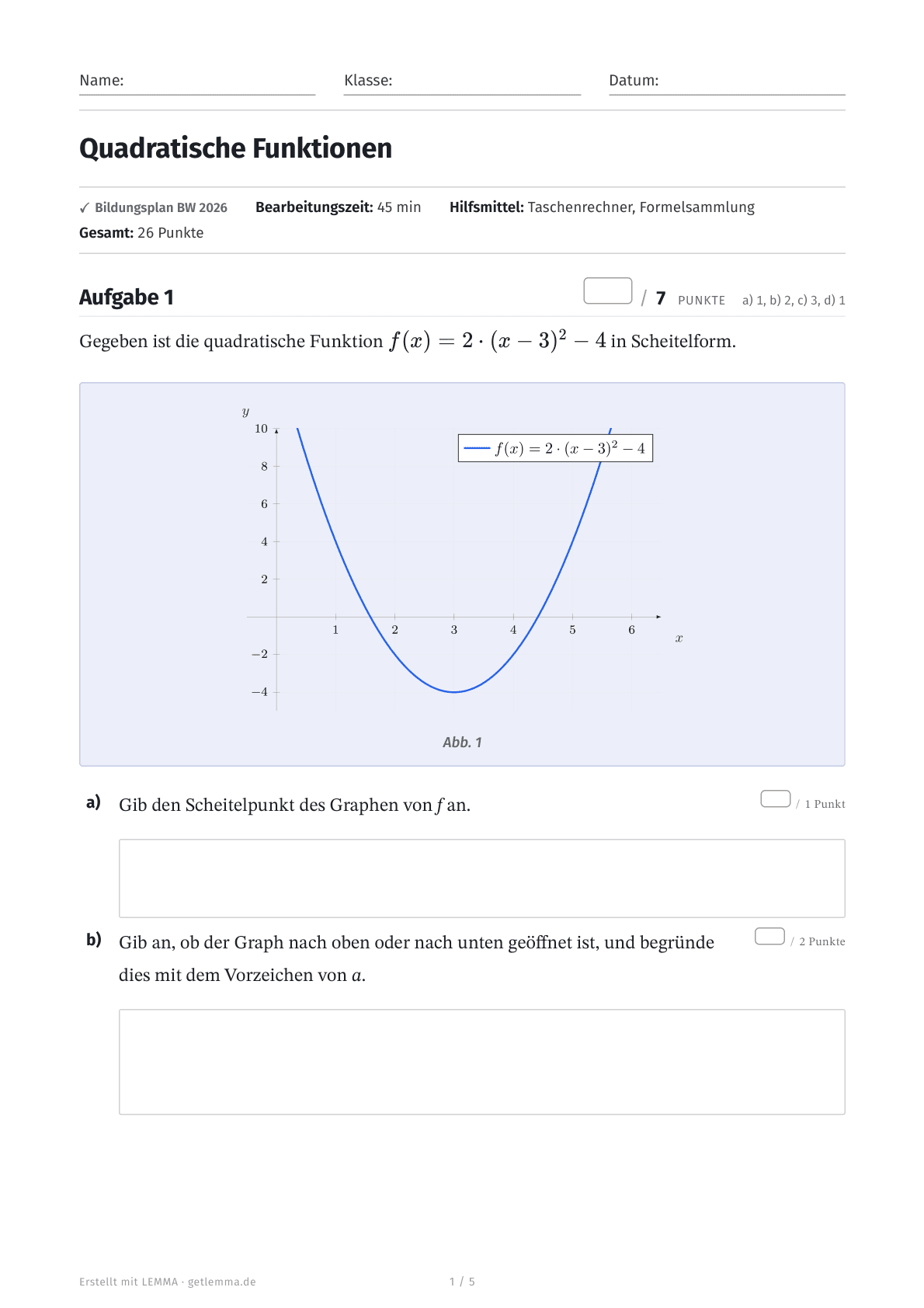 Erste Seite einer mit LEMMA erstellten Klassenarbeit zu quadratischen Funktionen, mit Punktekästchen und Schaubild