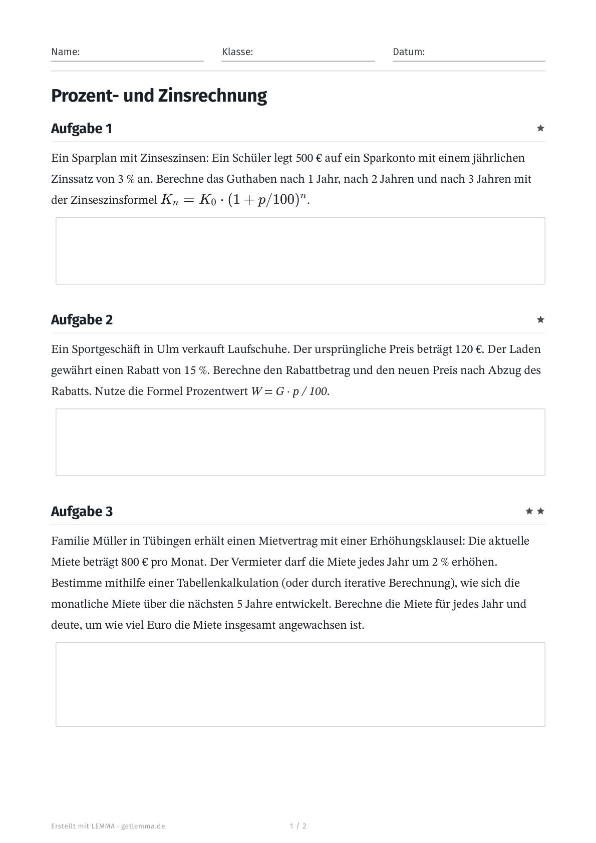 Erste Seite: Übungsblatt Prozentrechnung und Zinsen (Klasse 7/8) mit Lösungen